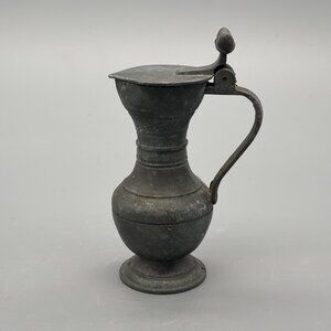 Antique Pewter Jug With Hinged Lid Rustic Metal Pitcher Old World Table Bar